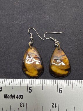 Brown & Yellow Teardrop Resin Dangle Earrings With Hook Backing - 2 Inches Long